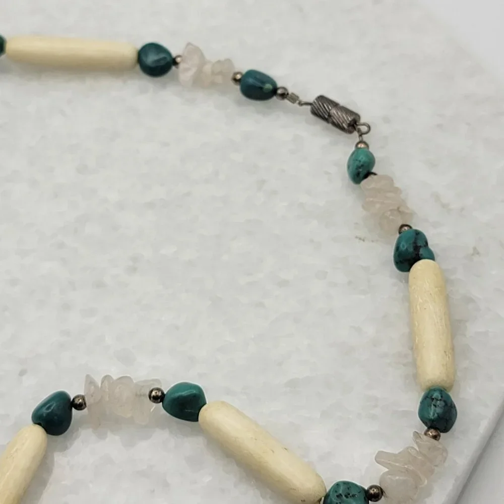 Navajo 925 Sterling Silver Rose Quartz Turquoise Bone Necklace - Picture 5 of 5